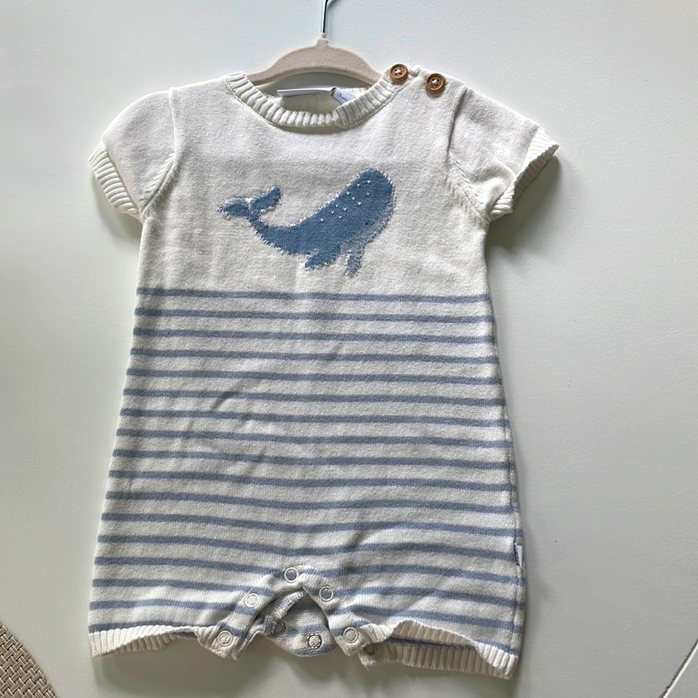 Elegant Baby striped sweater romper with whale